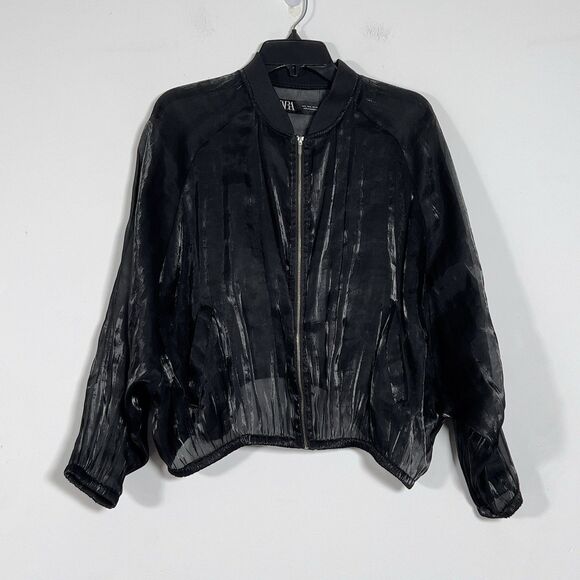 Zara Jackets & Blazers - Zara Blouson Bomber Jacket Womens Sz L Black Mesh Sheer Long Sleeve Full Zip